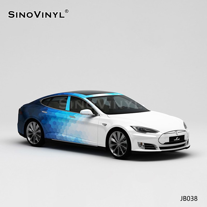 JB038 Hexagonal White And Blue Gradient Printing Customized Car Vinyl Glossy