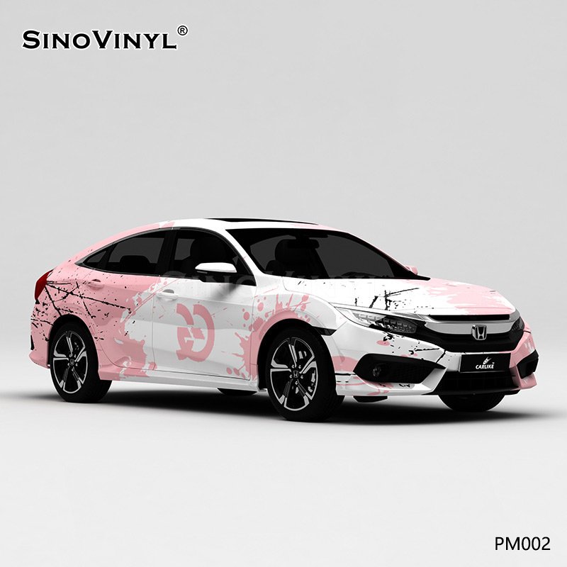 PM002 White and Pink Splash-ink Customized Self Adhesive Vinyl Sticker Roll