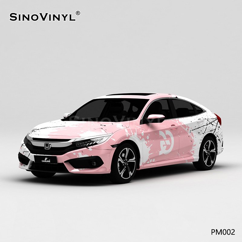 PM002 White and Pink Splash-ink Customized Self Adhesive Vinyl Sticker Roll