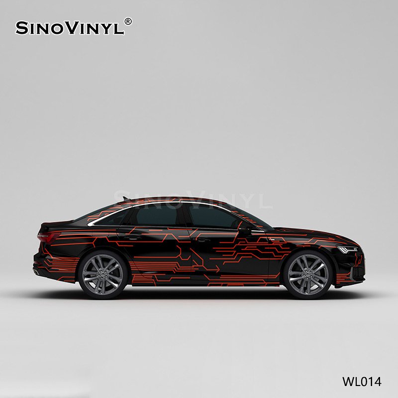 WL014 Black And Red Circuit Car Body Film Customized Car Body Wrapping